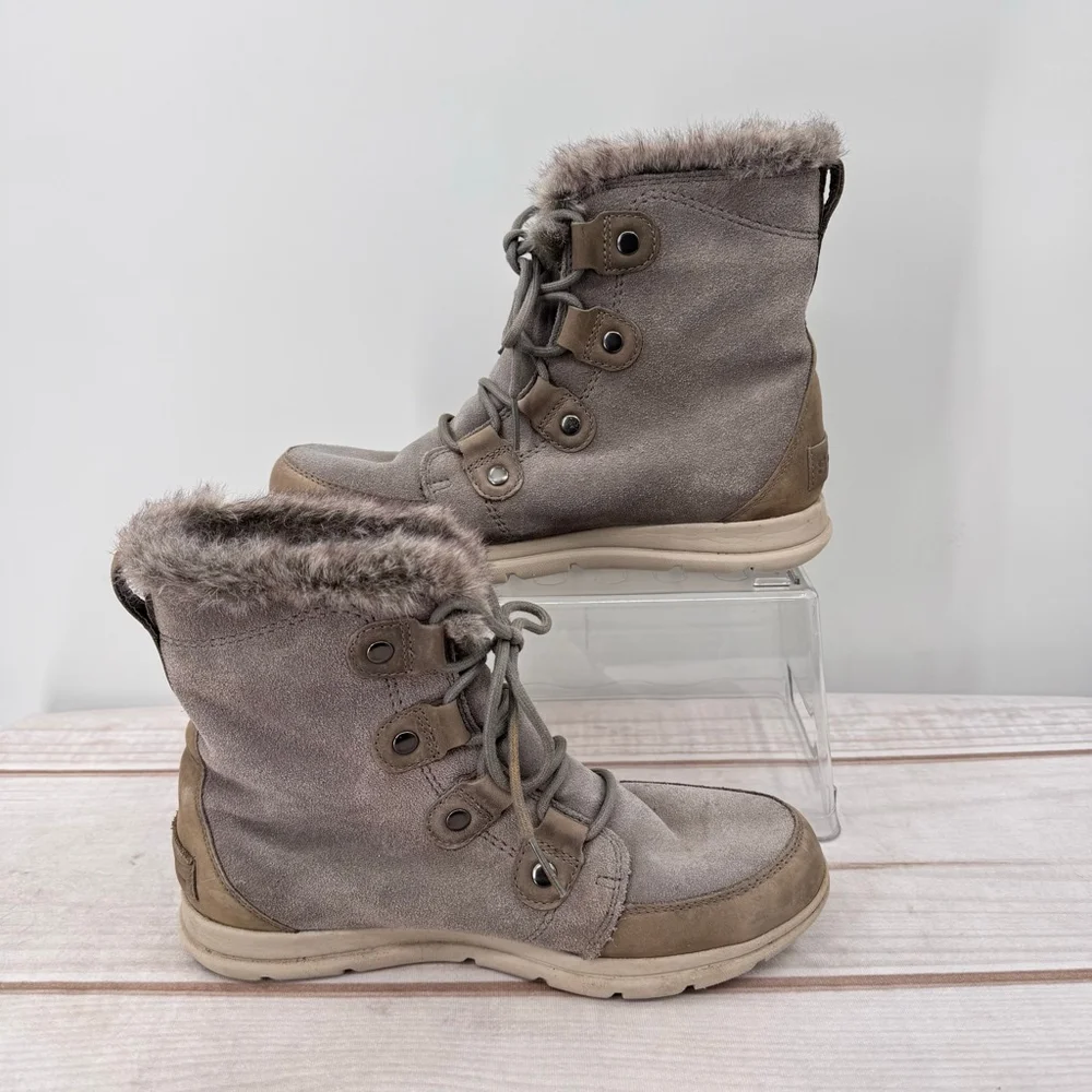 Sorel Explorer Joan Boots Gray Taupe Suede Faux Fur Lace Up Warm Winter Size 10